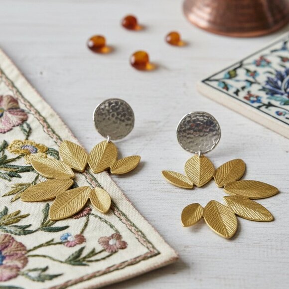 Turkish Stunning Handmade Artisan 18K Gold Plated Brass Fine Leaf Earrings - Picture 9 of 11